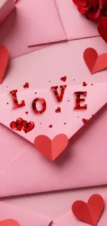 Pink envelope with LOVE and red hearts design.