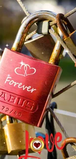 Romantic red love lock on bridge, symbolizing eternal affection.