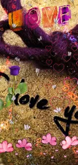 Romantic wallpaper with love message and purple rose accent.