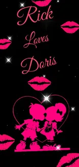 Romantic wallpaper with couple silhouette and pink kisses on black.