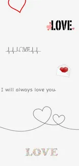 Romantic mobile wallpaper with love text and heart designs.