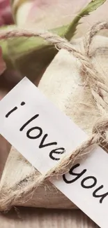 Romantic wallpaper with 'I love you' note tied to wood heart.