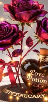 Romantic mobile wallpaper with roses and a love potion bottle.