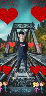 Romantic wallpaper with hearts and railway bridge scene.