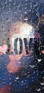 Romantic wallpaper with 'LOVE' text and raindrops.