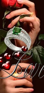 Romantic mobile wallpaper with a love-themed ring and rose.