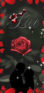 Romantic wallpaper with a red rose, love text and heart decorations.