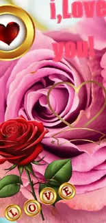 Pink rose love-themed wallpaper with heart decoration.