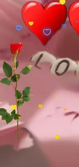 Romantic wallpaper with red rose and hearts on pink background.