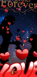 Romantic silhouette couple with hearts and 'Together Forever' text wallpaper.