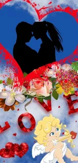 Romantic wallpaper featuring a couple's silhouette in a blue heart with flowers.