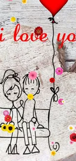 Romantic couple sketch with floral accents and red balloon on a mobile wallpaper.