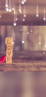 Romantic wooden love blocks with stars on mobile wallpaper.