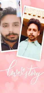 Romantic Love Story wallpaper with pink hearts and photo collage.