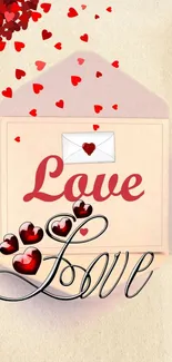 Romantic wallpaper with love letter and red hearts.