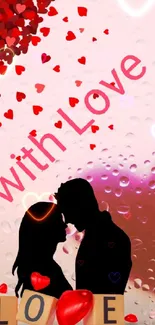 Romantic couple silhouette with hearts and love text in warm red tones.