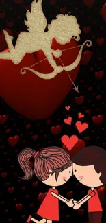 Romantic cartoon couple with cupid and hearts wallpaper.