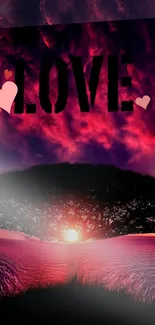 Romantic sunset with tree silhouette and 'LOVE' text wallpaper.