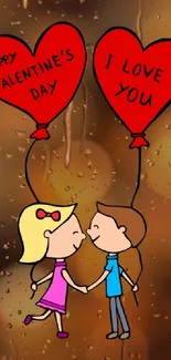 Romantic cartoon couple with balloons on bokeh background.