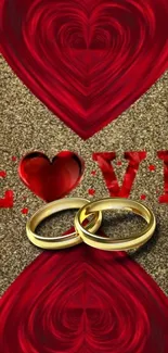 Romantic red hearts and gold rings wallpaper.