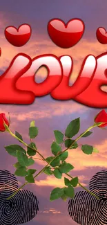 Romantic wallpaper with love, hearts, and roses on a sky background.