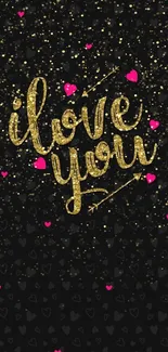 Elegant I love you wallpaper with golden text and pink hearts.