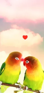 Two lovebirds on branch with pink sky and heart.