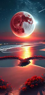 Romantic beach scene with a red moon and heart-shaped flowers at night.