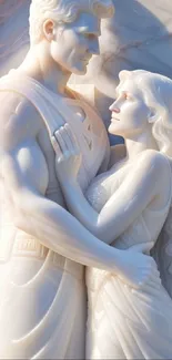 Marble sculpture of romantic couple embracing elegantly.