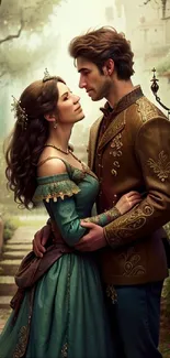 A romantic medieval couple embracing in a lush, green garden setting.