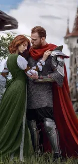 Knight and lady in medieval setting with nature background.