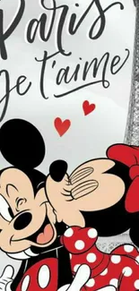 Mickey and Minnie in Paris with Eiffel Tower and hearts.