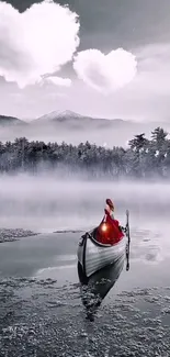 Woman in red dress on a misty lake with heart-shaped clouds above.