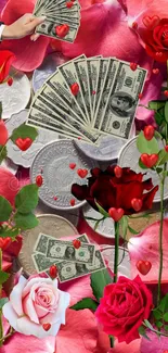 Mobile wallpaper with roses, coins, and dollar bills, accented by red hearts.