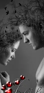 Monochrome couple with artistic tree hair and red hearts.