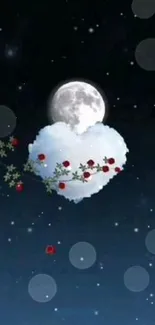 Full moon with heart-shaped cloud and roses in the night sky.