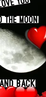 Mobile wallpaper featuring a heart and moon with 'I love you' text.