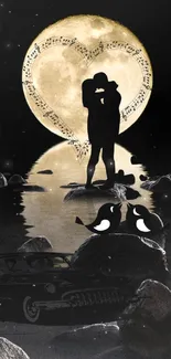 Silhouette of a couple embracing by a moonlit lake with musical notes.