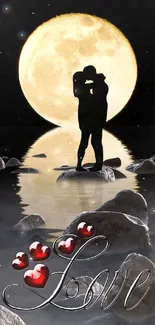 Silhouette of a couple kissing under a full moon with hearts and 'Love' text.