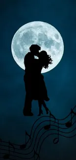 Silhouette of a couple under a full moon with musical notes.