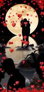 Romantic couple under full moon with red hearts.