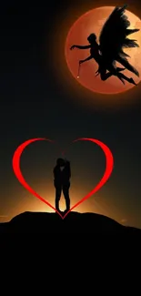 Romantic silhouette under a moonlit heart with a fairy in the sky.