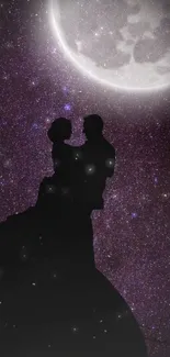 Silhouette of a couple under a moonlit sky with stars.