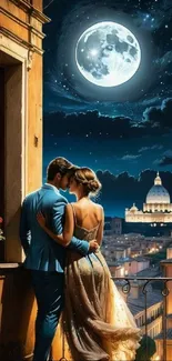 Couple on a balcony under a full moon with city view.