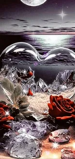 Romantic beach scene with moonlight, crystal heart, roses, and ocean waves.