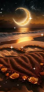 Romantic moonlit beach wallpaper with crescent moon and heart in sand.