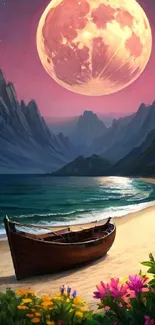 Boat on a tranquil beach under a full moon, surrounded by mountains and flowers.