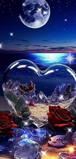 Romantic beach scene with moonlit sky, red roses, and crystals.