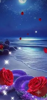 Moonlit beach with red roses and heart-shaped lights creating a romantic ambiance.