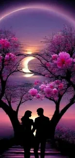 Silhouetted couple under trees with crescent moon and blooms.